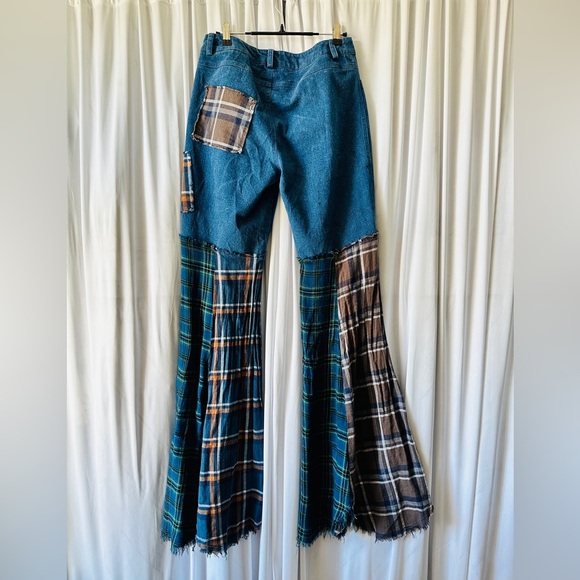 Dolls Kill Blue Plaid Patchwork Flare Pants - Picture 3 of 12